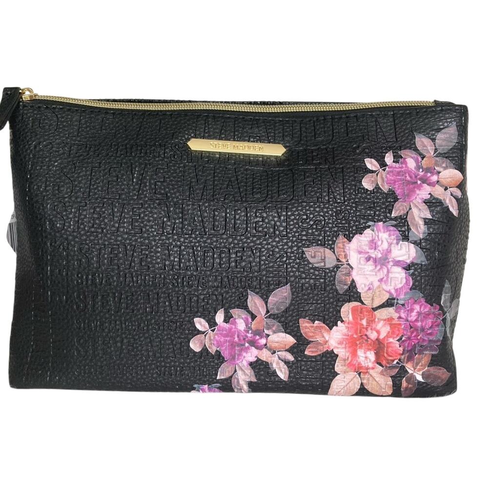 Brand New STEVE MADDEN Black Floral Wallet Cosmetic Bag Handbag
